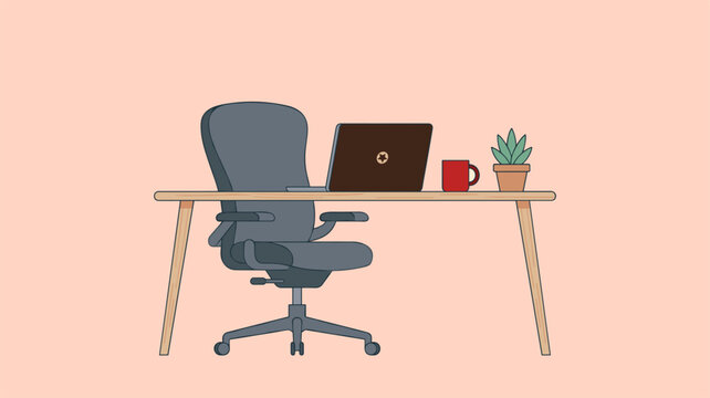 Minimalist home office setup with desk, laptop, ergonomic chair, coffee mug, and plant flat vector illustration for remote work and productivity