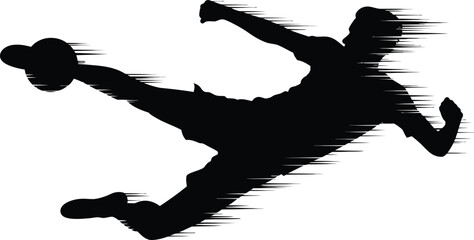 Black silhouette of a soccer player striking a ball with motion lines football silhouette movement isolated background illustration competitive athletic technique training practice © MstAsmaAkter