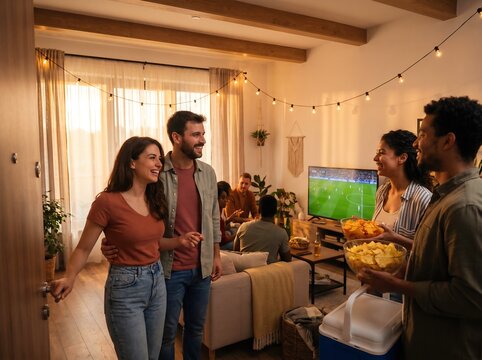 Two friends enter a living room where others are enjoying a game night. One person holds snacks while others sit together watching the game on TV. The room feels lively and friendly