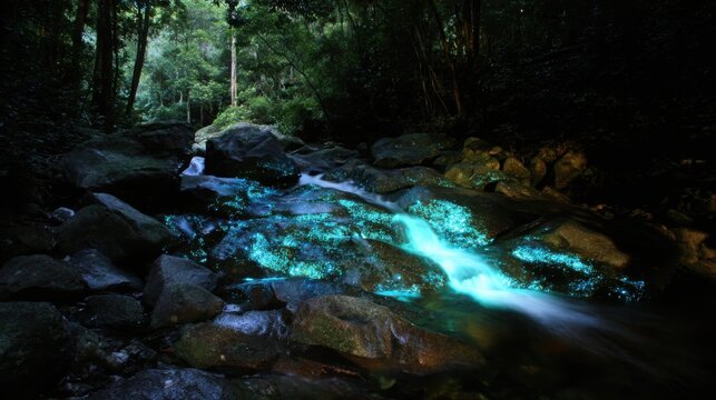 Cascading Bioluminescent Waterfall in a Dark Forest Stream