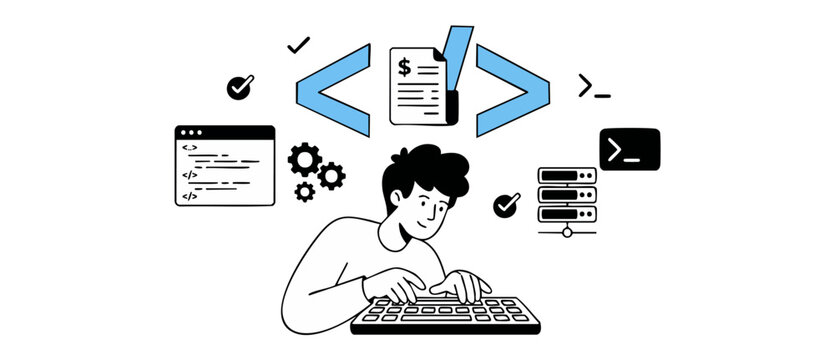 Developer coding software web application with code symbols, financial invoice bill, database server icons, minimalist flat line art illustration on white background for freelance IT business concept.