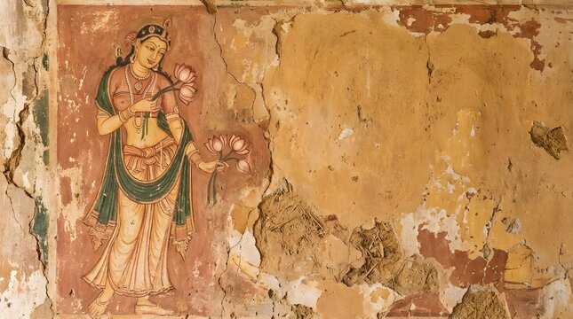 Ancient Asian mural of beautiful maiden holding lotus flowers copy space