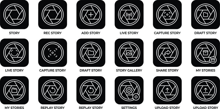 Neon line vector icon set of social media camera shutter badges featuring story modes video recording publishing and app interface symbols