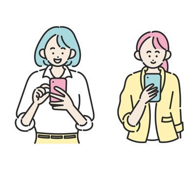 スマートフォンを操作するビジネスウーマンのイラスト素材セット