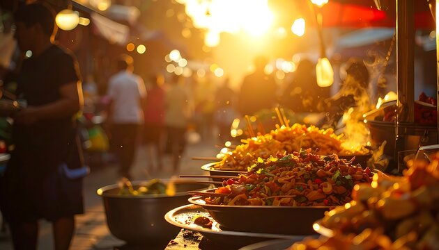 A bustling outdoor food market at sunset with various dishes on display