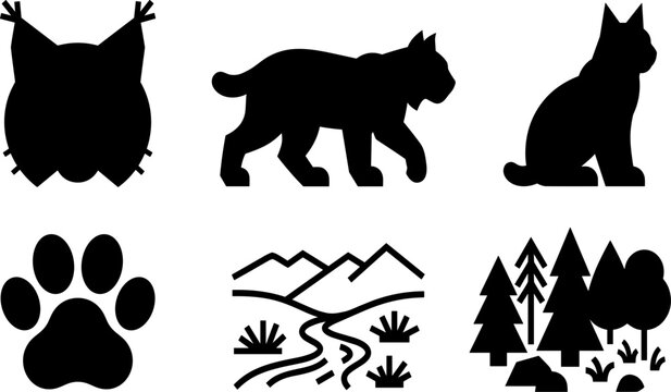 Lynx and bobcat silhouettes with paw prints, forest trees, and mountain landscape flat vector illustration for wildlife and nature design