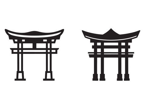 Japanese torii gates in different styles  traditional Asian architecture elements  gateways  symbolizing transition from profane to sacred spaces  isolated on white background