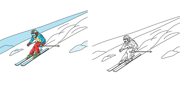 Downhill skiing vector illustration featuring a skier in action. Set includes full color and black and white line art outline versions, ideal for winter sports designs and coloring books.