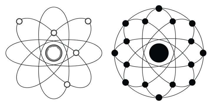 Atomic structure diagram with orbiting particles black and white silhouette