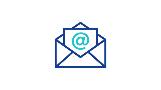 Simple blue line icon of an open envelope with a document and a teal at symbol visible.