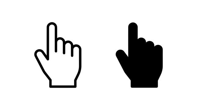 A cursor hand icon featuring a pointer finger is shown in both outline and solid silhouette forms against a white background.