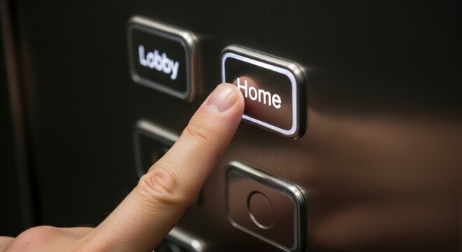 Close up of a finger pressing the home button on an elevator panel.