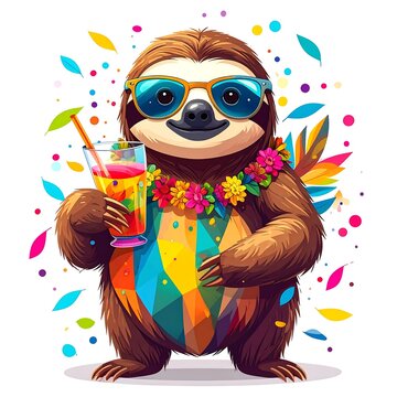 Sloth wearing sunglasses and lei.