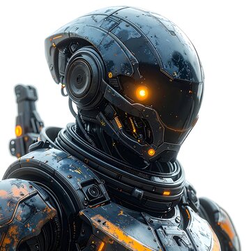 Robot with glowing orange eye.