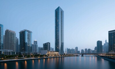 Obraz premium Modern Cityscape with Skyscraper and Waterfront at Twilight