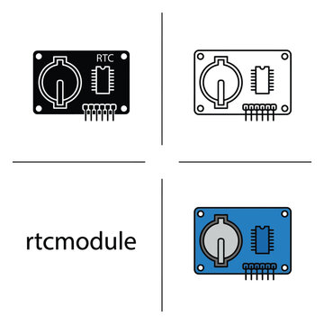 Real time clock rtc module electronic circuit icons set in flat solid and linear graphic styles.