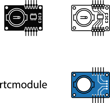 Rtc module real time clock sensor board with battery holder vector icons in three design styles.