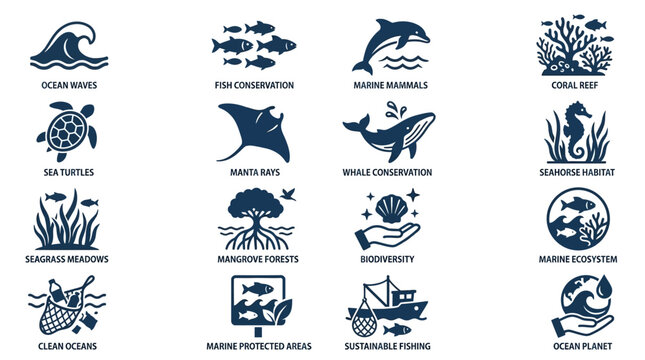 Ocean Conservation Icons Set: Marine Life, Ecosystems, and Sustainability
