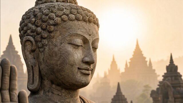 Serene Buddha Head Statue with Ancient Buddhist Temples at Golden Sunrise