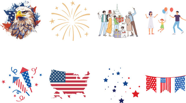 Patriotic usa independence day collection featuring eagle head fireworks people and flags isolated on transparent independence fireworks celebration isolated on transparent PNG