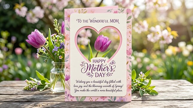 Pink heart vertical cutout with purple tulip for happy mother's day greeting and romantic spring message