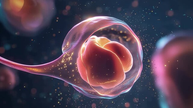 Embryo development visualization showing a week old embryo inside a developing sac in a dark background with light particles floating around
