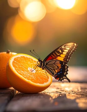 A butterfly perches on a halved orange beside two whole oranges