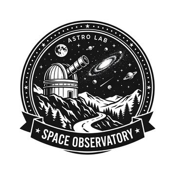 retro black and white emblem featuring a space observatory dome under a starry sky, designed in a classic circular badge style for astronomy clubs and science branding.
 