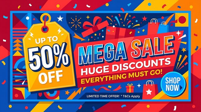 Colorful mega sale banner featuring a large yellow price tag with fifty percent off text, shopping bags, gift boxes, and confetti on a vibrant blue background, with geometric shapes, and patterns