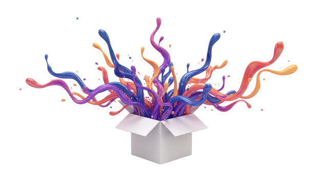 Vibrant colorful liquid paint splash exploding from open cardboard box on clear base.