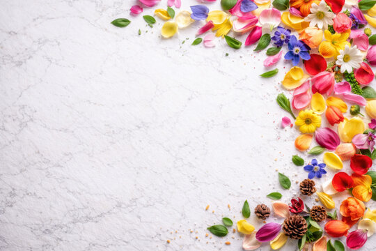 Colorful Petal Border with Summer Blossoms and Pine Cones on Marble Floor with Copy Space for Floral Festival Background