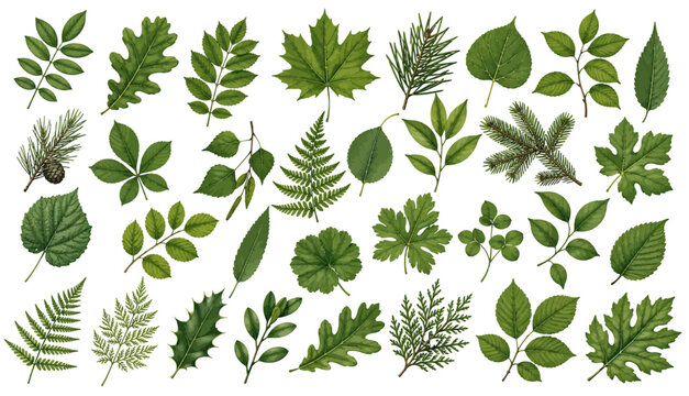 Collection of Green Botanical Leaves Isolated on Transparent Background for Design