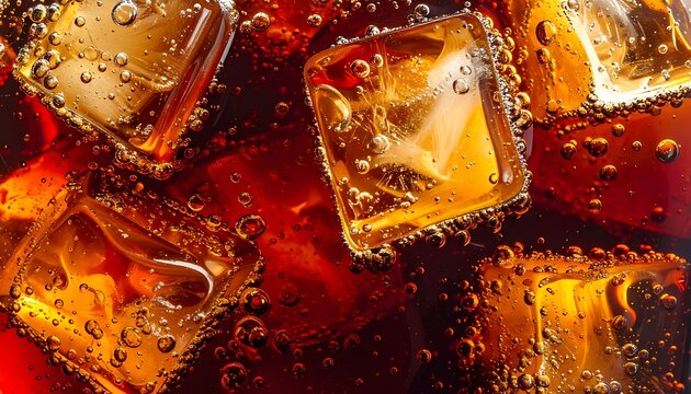 A close-up of amber-colored ice cubes in a fizzy drink