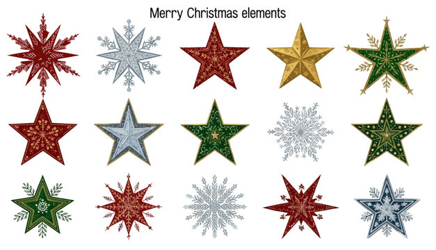 Colorful Christmas Decorative Elements and Snowflake Designs on Transparent Background