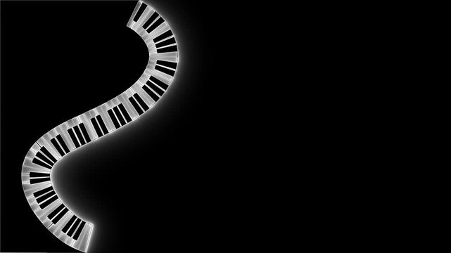 Curved piano. Music abstract. Piano keys. Wavy keyboard. Music background. Glow effect. Black white art. Melody concept. Creative music. Sound design.