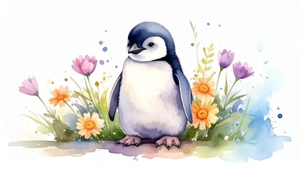 Naklejka premium A cute baby penguin standing in a field of colorful spring flowers depicted in a soft and beautiful artistic watercolor painting style.