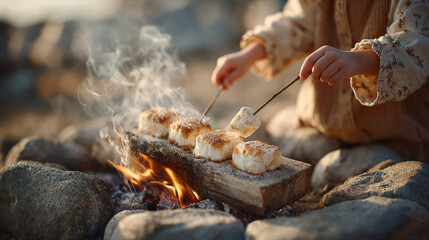 Fototapeta premium Child roasting marshmallows over a campfire on sticks, enjoying a sweet treat