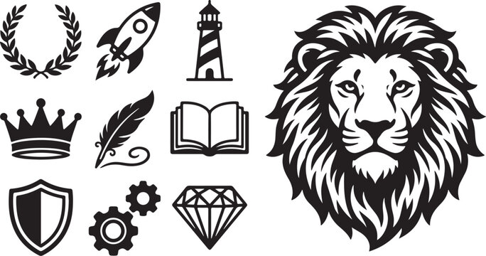 Lion Head Icon with Various Symbols and Logos