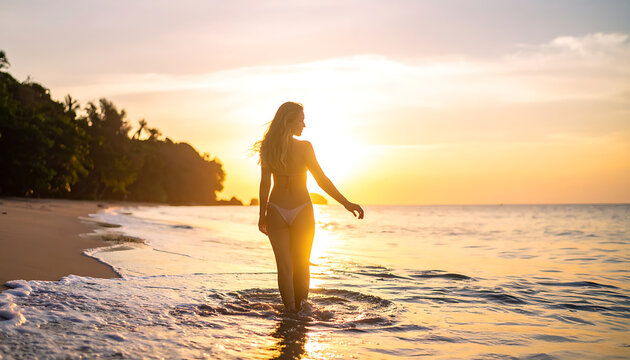 Woman walking on a sandy beach at sunset, ocean waves lapping at her feet, warm golden hour light, tropical vacation
