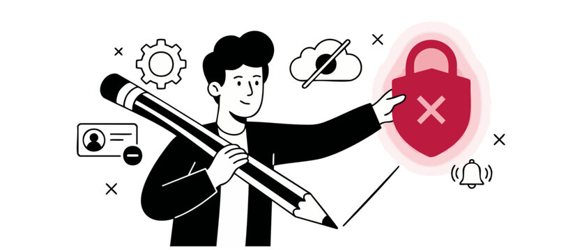 Cyber security data protection concept featuring a male character holding a large pencil to secure a red lock shield, representing system safety, online privacy, firewall defense, and digital risk man
