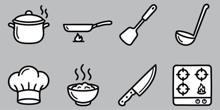 Cooking icons in vector silhouette style with a chef hat and stove for culinary concepts