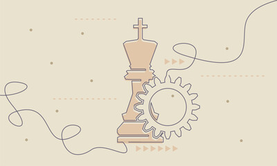 Obraz premium Business strategy in banking and government systems concept featuring chess piece. Gear and chess king. Technologies and development.