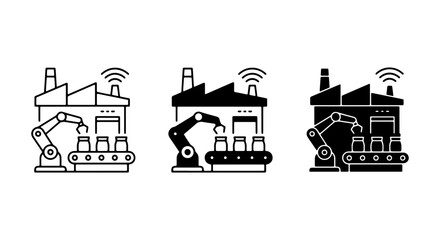 Naklejka premium Smart Factory Automation Icons, Industrial Robot Arm Assembly Line, Connected Manufacturing Process Vector Set