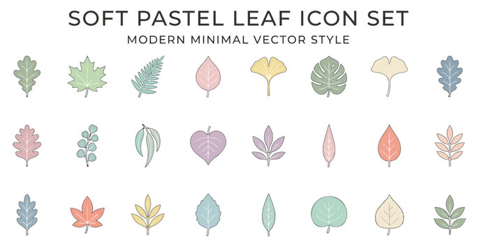 Minimalist soft pastel leaf icons set in modern vector style on transparent background