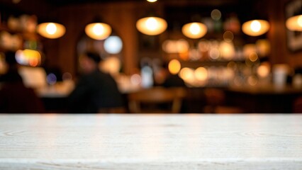 Fototapeta premium Solitary white wooden surface overlooking warm glowing circular lights in sophisticated lounge