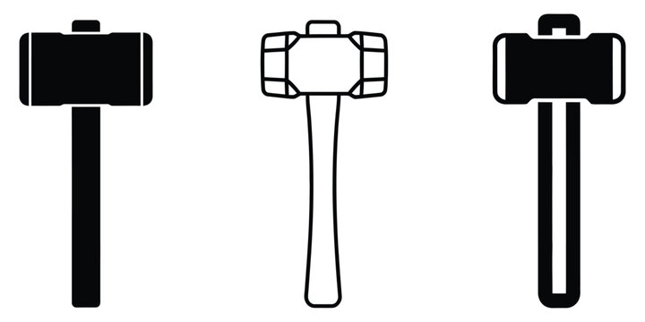 Three Sledgehammer Silhouettes with outline and filled versions on white background