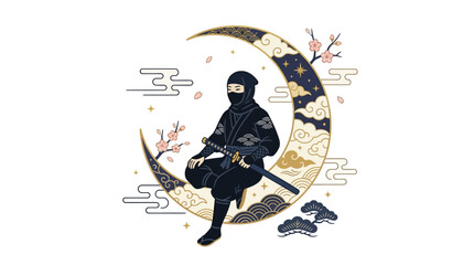 Fototapeta premium Ninja Warrior Sitting on Crescent Moon with Cherry Blossoms and Clouds