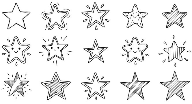 Collection of hand-drawn black and white star icons and shapes on transparent background