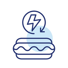 Obraz premium Hot dog in a bun and lightning bolt in renew arrow. Fast food delivery. Pixel perfect, editable stroke vector icon
