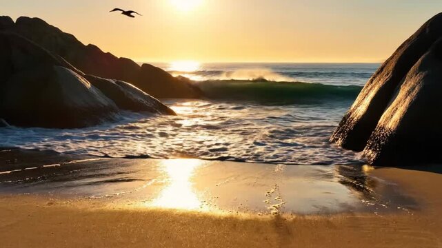 Golden sunrise on sandy beach with breaking waves and large rocks, serene coastal landscape